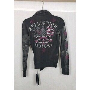 Affliction Motors Black Premium Sweater Knit Moto Jacket XS Wash Out Gray Eagle